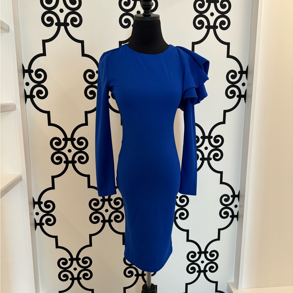 Navy blue formal long sleeve dress.